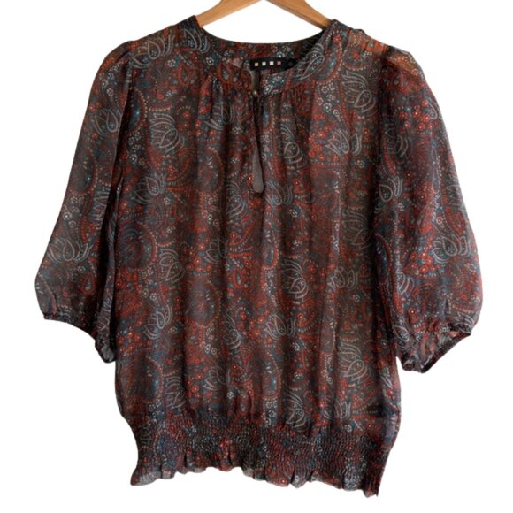 Pleione Tops - Pleione 100% Silk Paisley Smocked Waist Blouse Large Nordstrom Boho Peplum Top